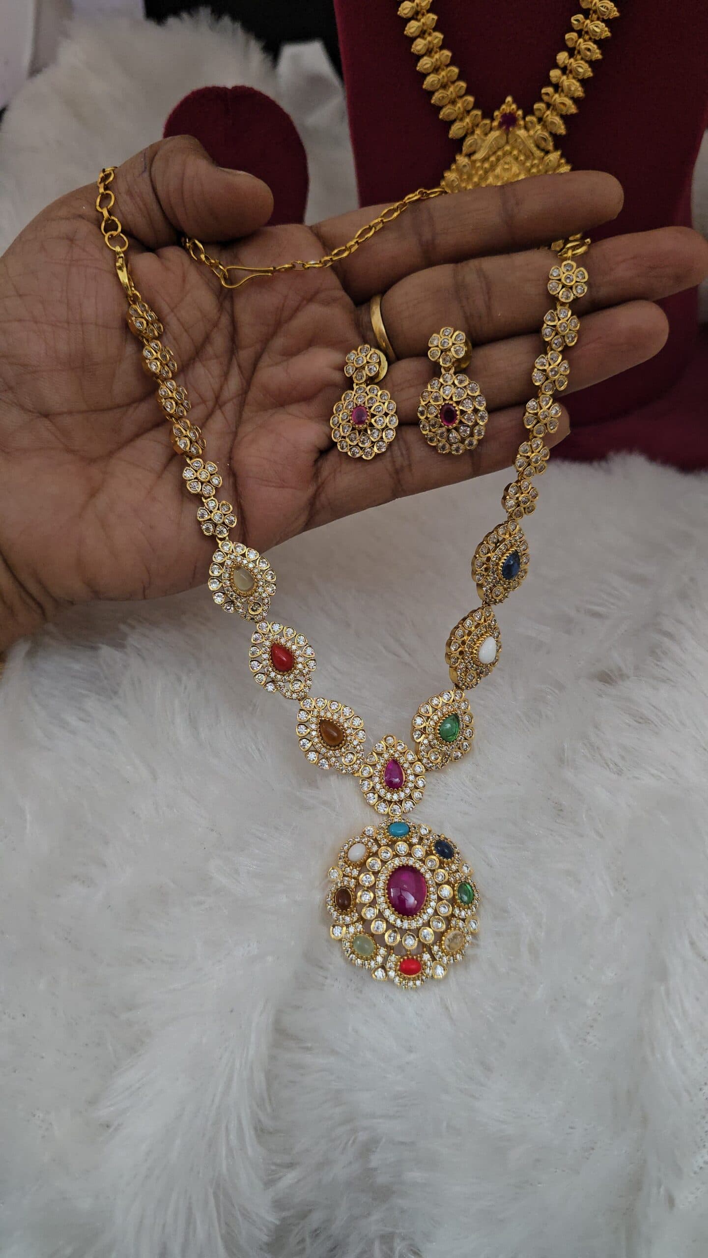 Premium matt navaratna necklace with earings