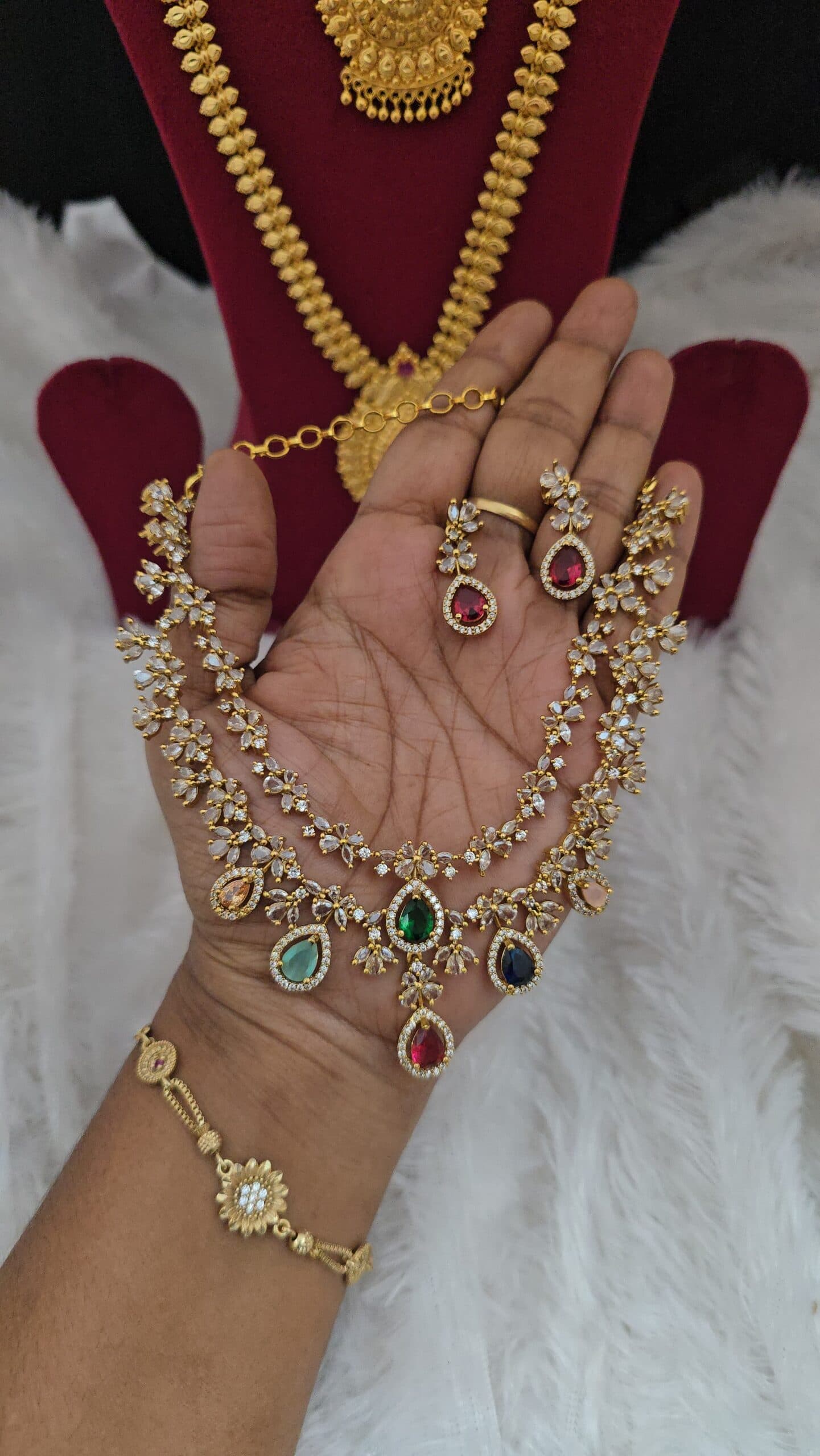 Premium matt double layer navaratna necklace with earings