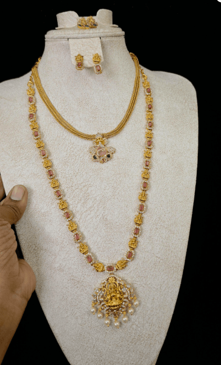Premium quality antique combo comes lord vinayagar choker with ruby and white nakshi long haram with pendant