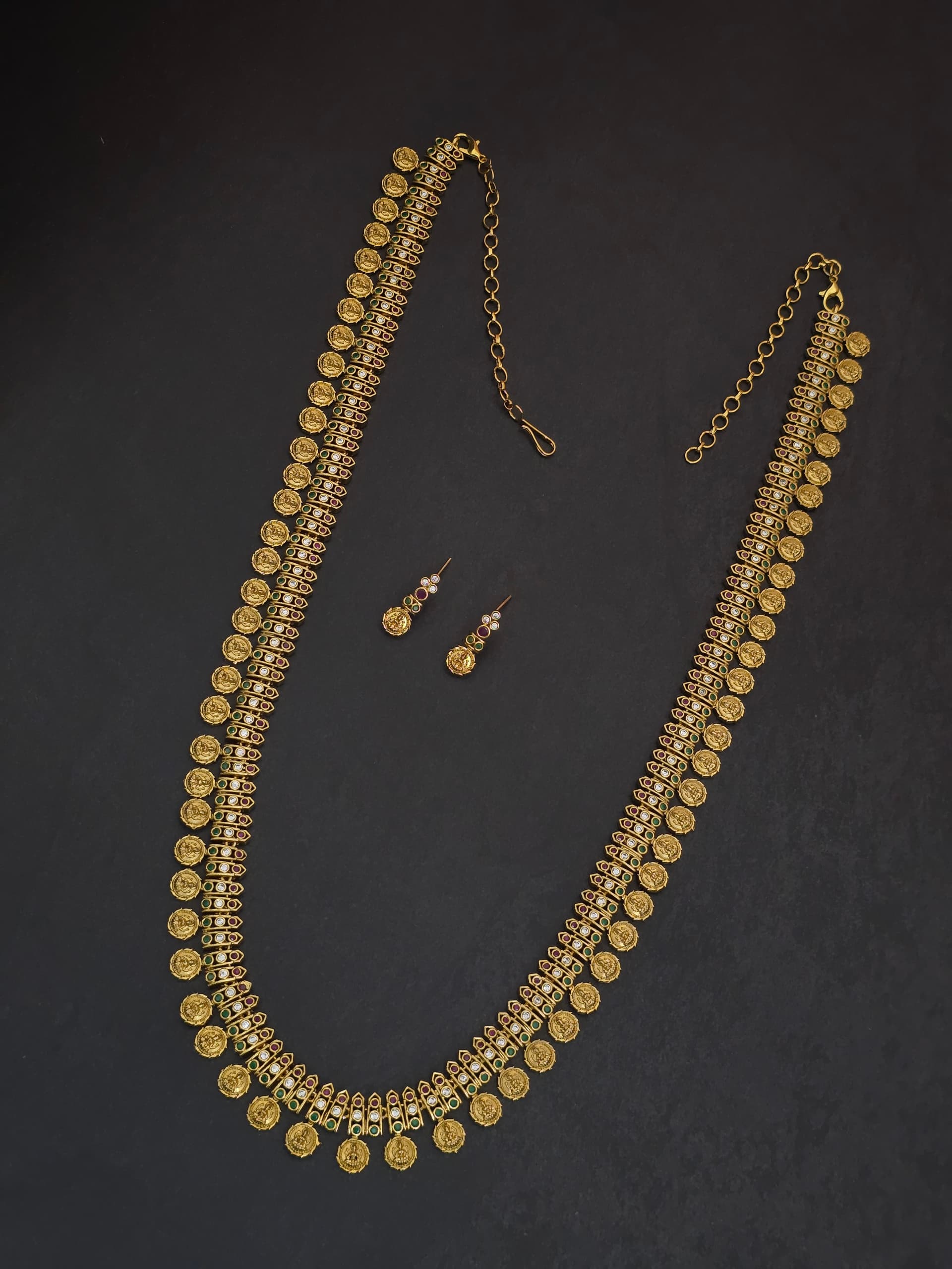 Premium matt multi stone lakshmi coin haram with earings