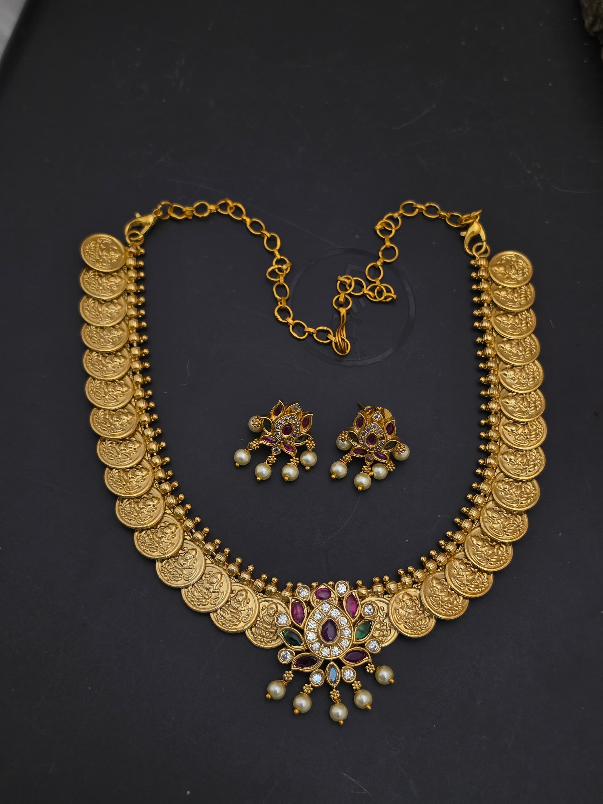 Premium matt ad stone lakshmi coin necklace
