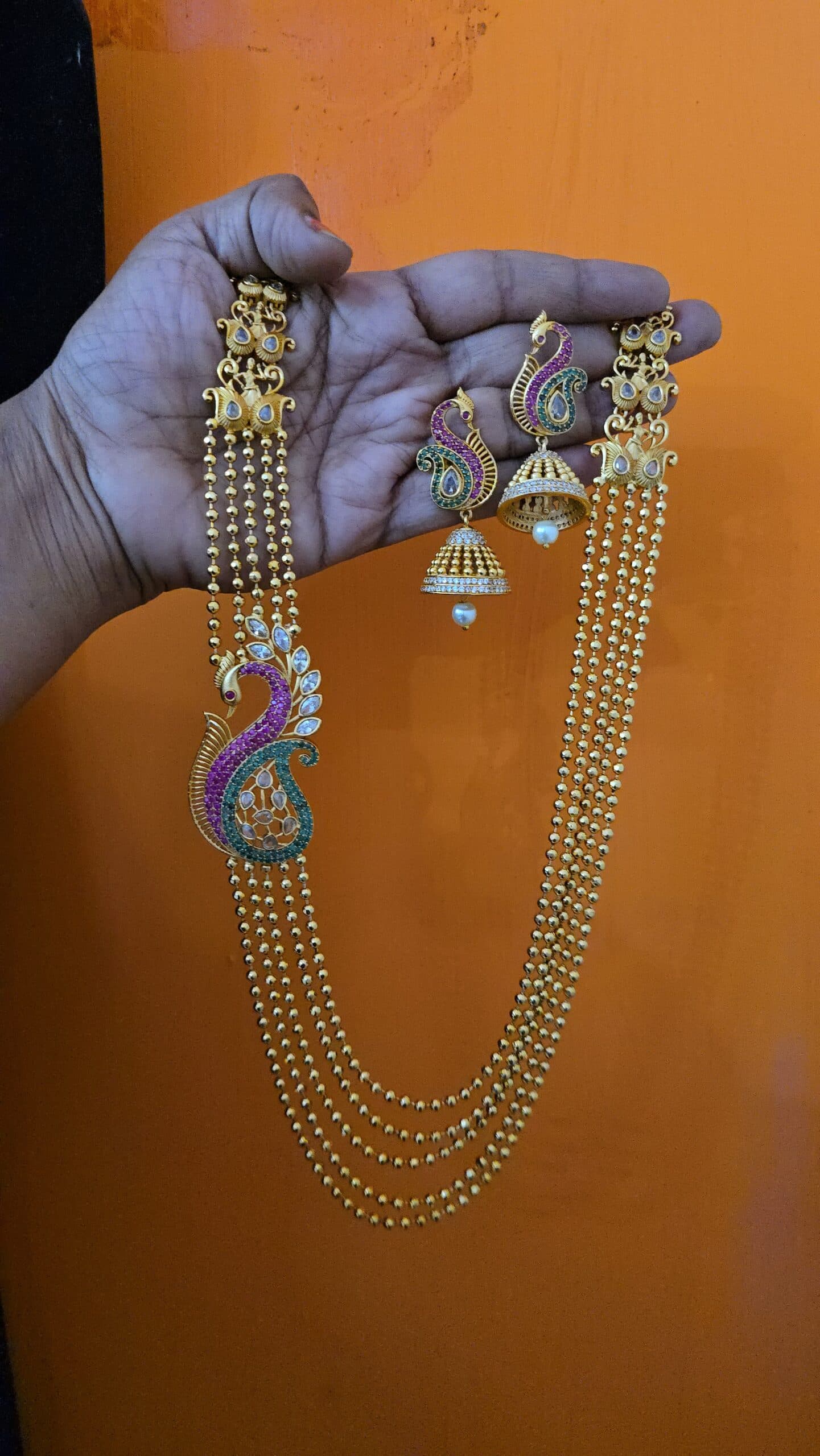 Premium ad diamond look haram with peacock ad mugappu chain