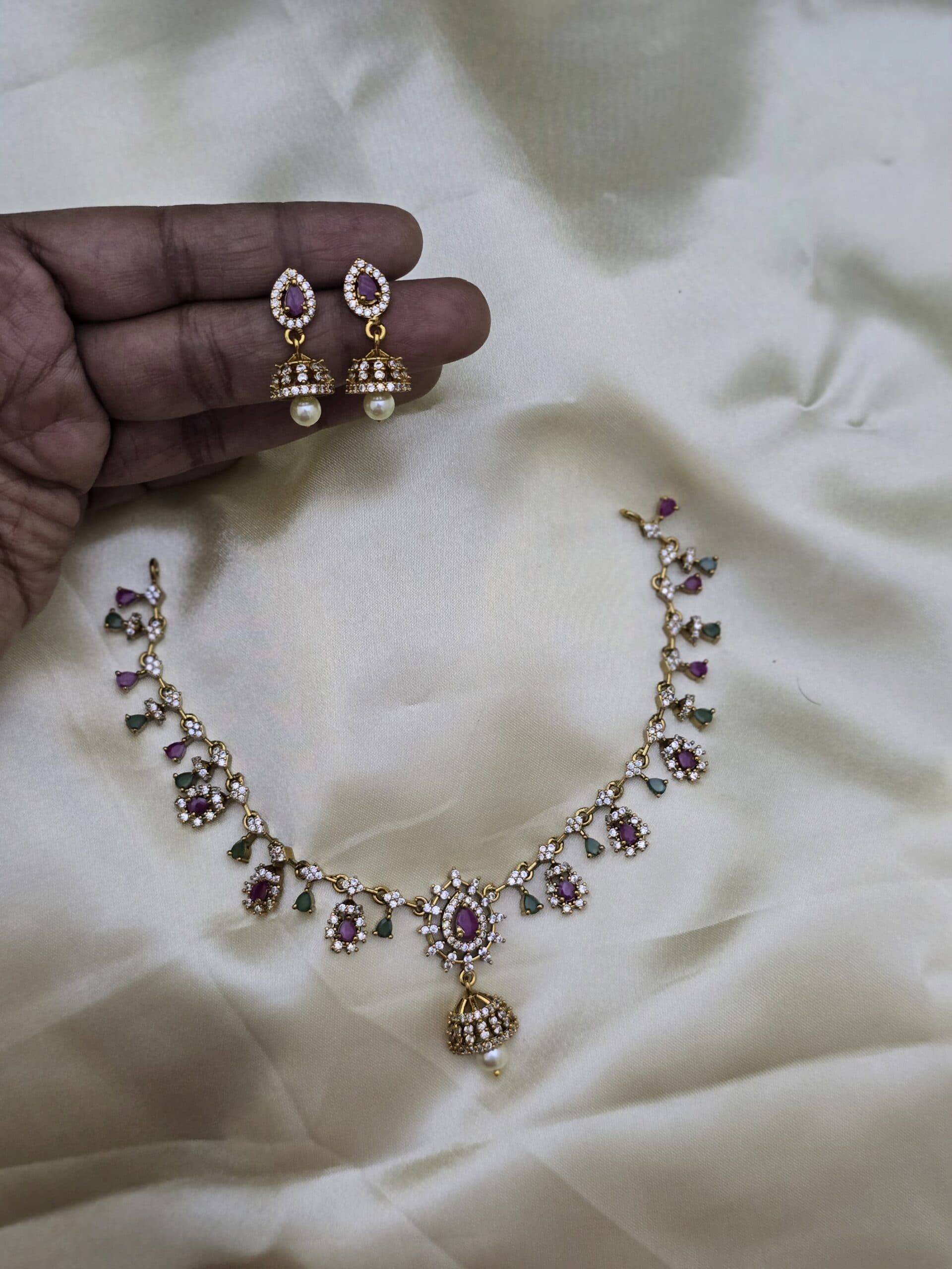 Premium AD multi flower necklace with jhumka