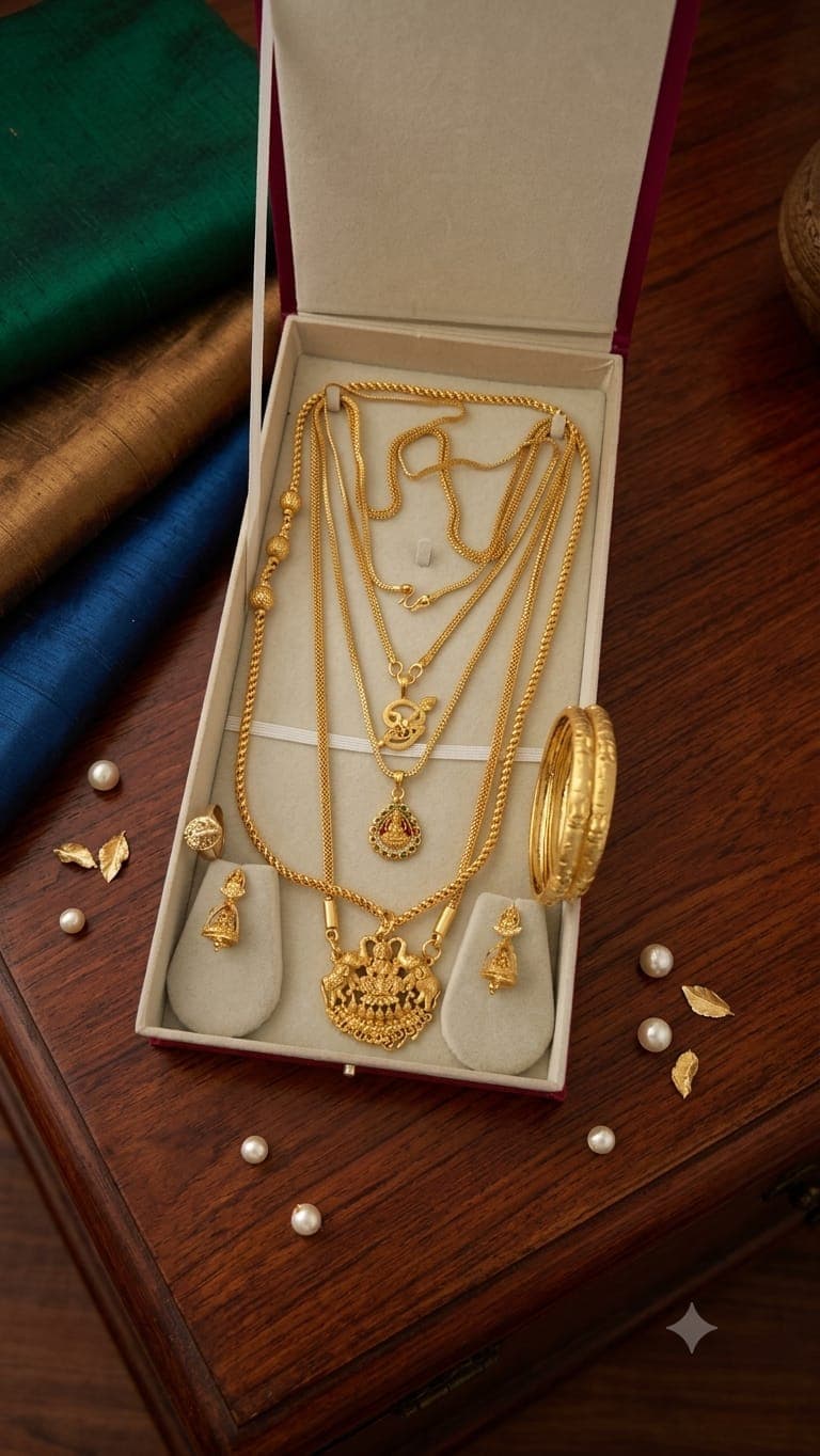 Premium foaming devotional combo with dollar chains, mugappu chain, bangle, jhumka and ring