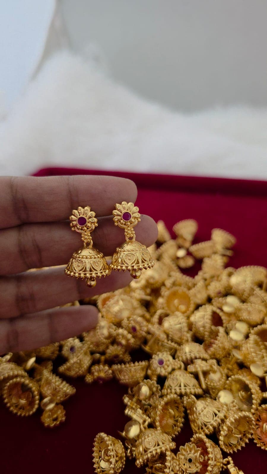 Premium foaming  ruby stone flower drops jhumka