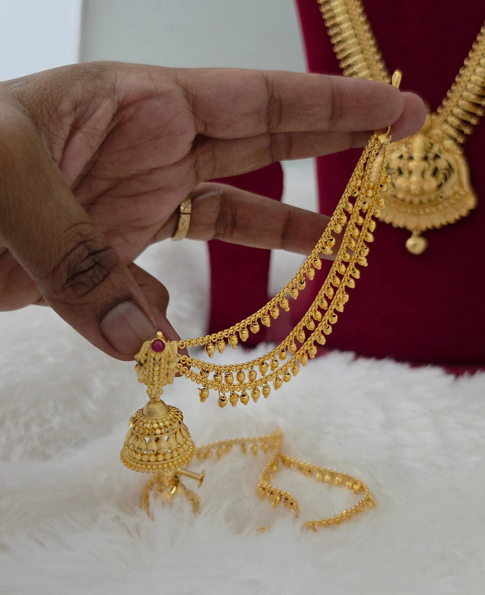 premium foaming ruby stone jhumka with three line mattal