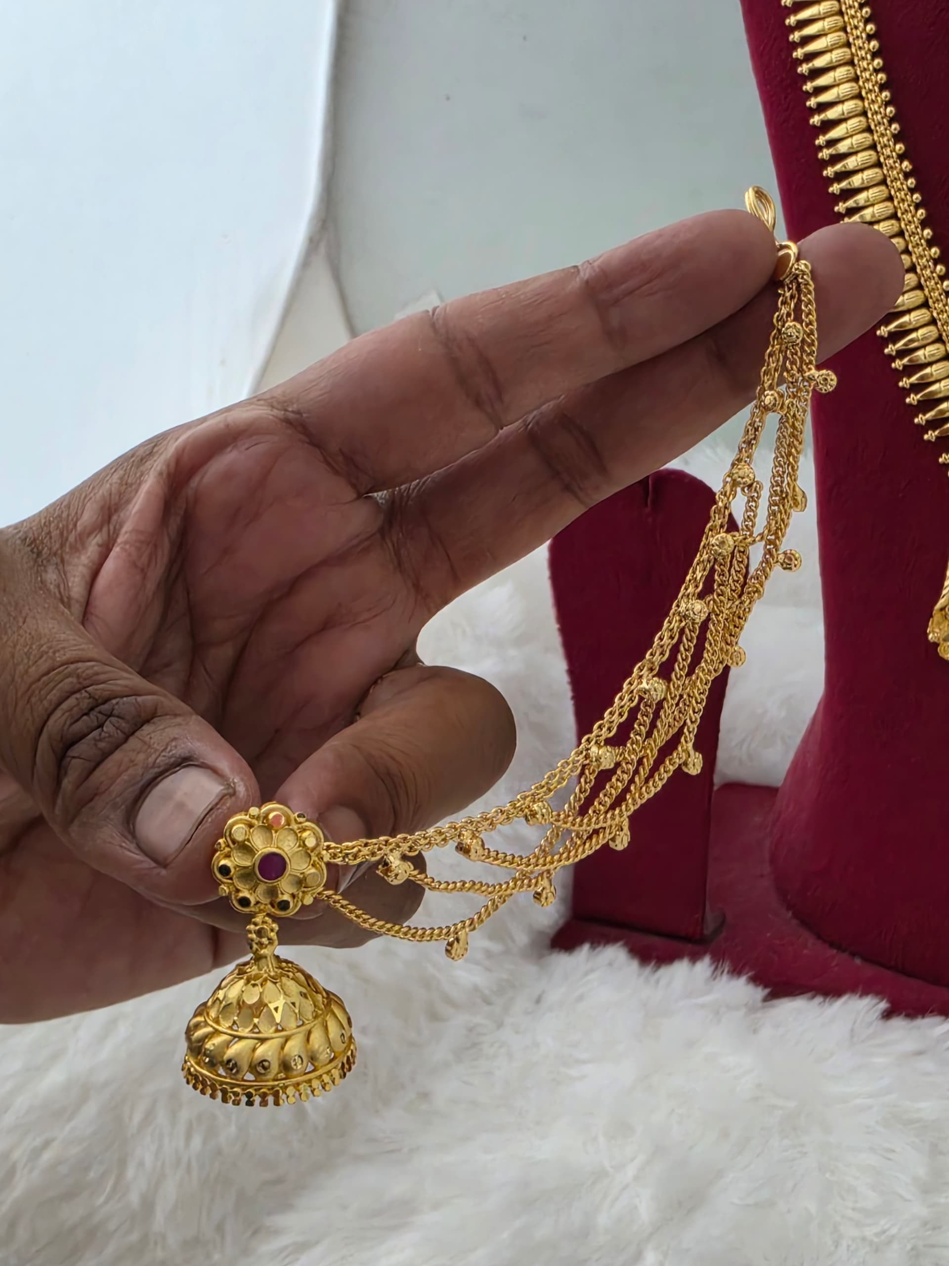 premium foaming ruby stone jhumka with three line mattal