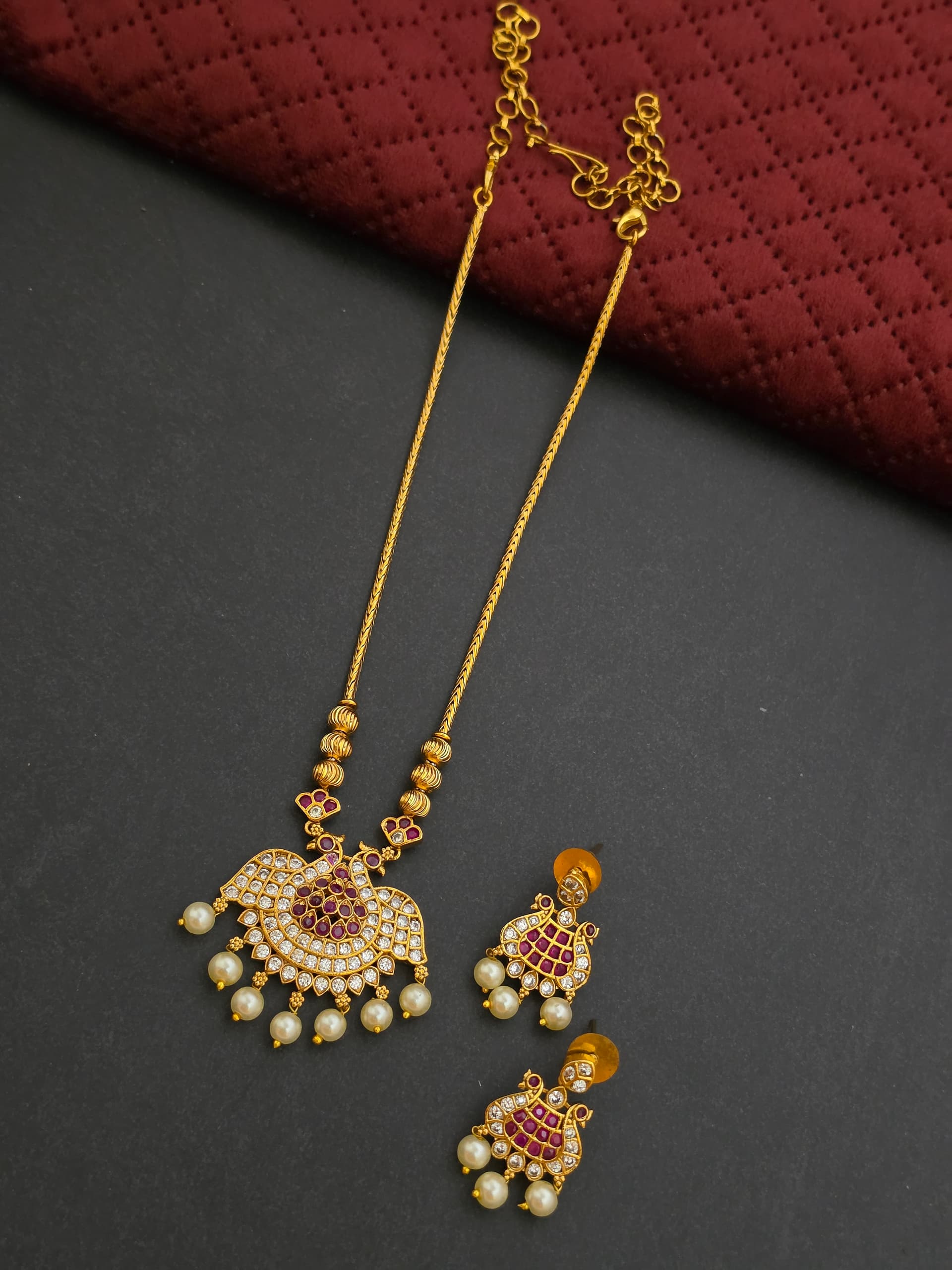 Premium Matt Finish Pearl Stone peacock Necklace With Earings