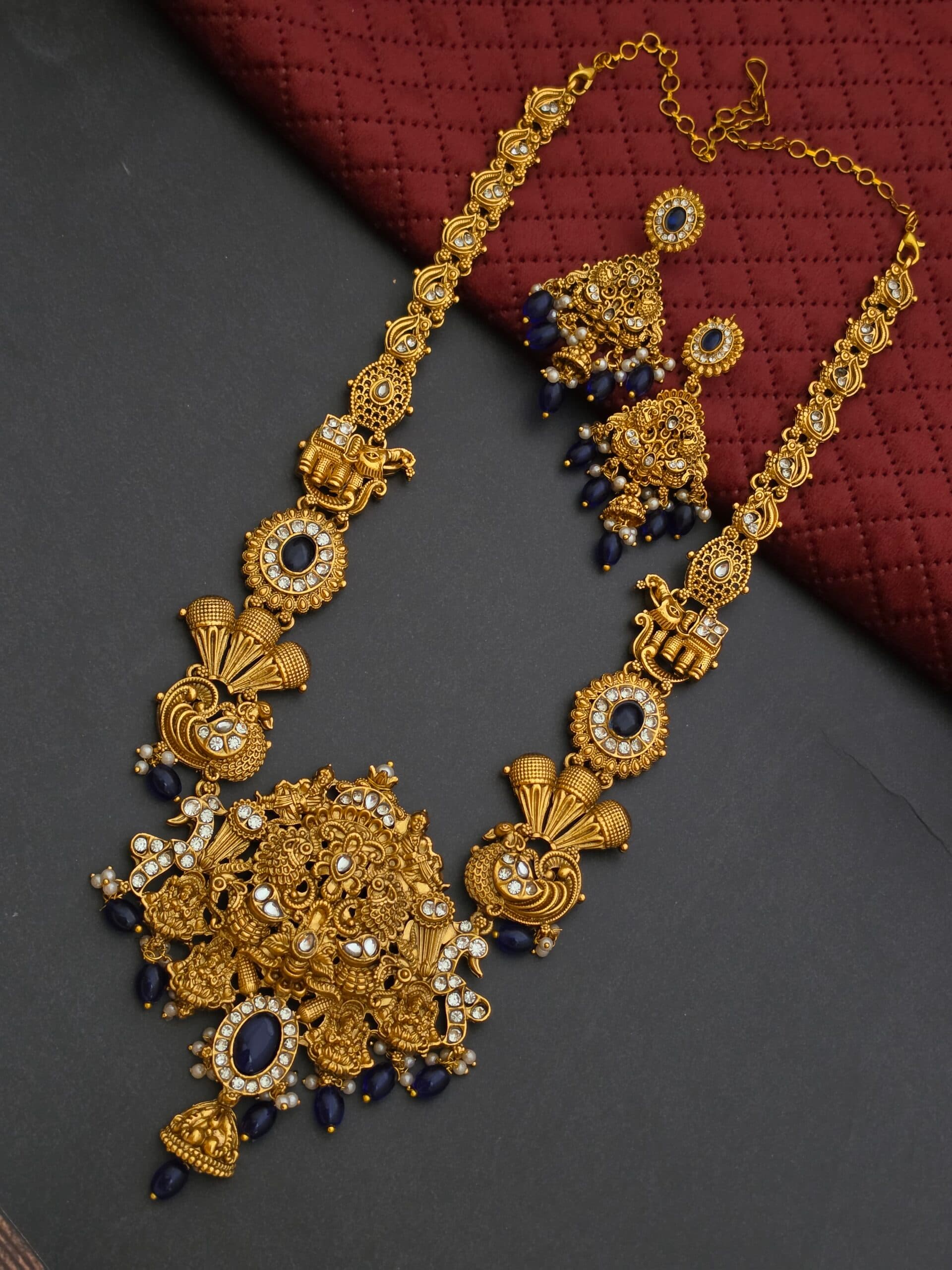 Premium Matt Finish Navaratna Haram With Earings