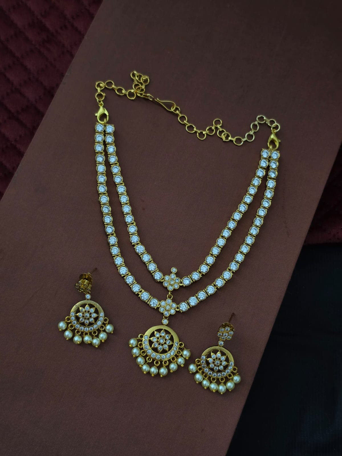  Premium matt ad stone double layer necklace with earings 
