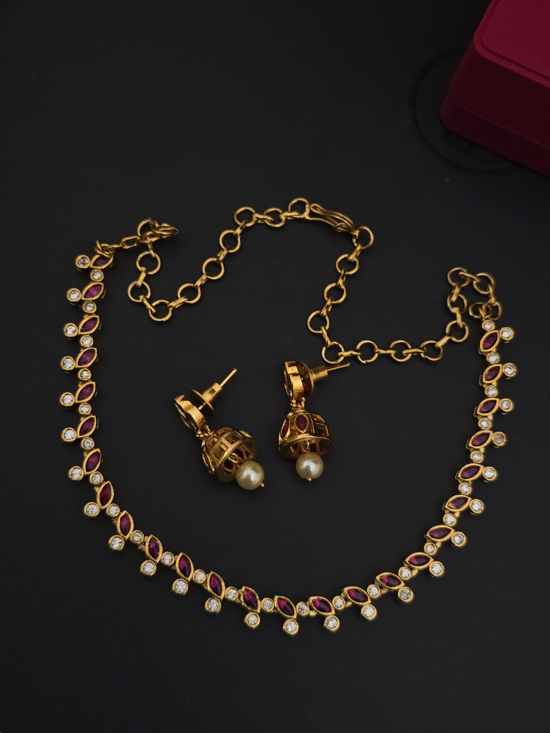 Premium matt ruby and white stone necklace with earings