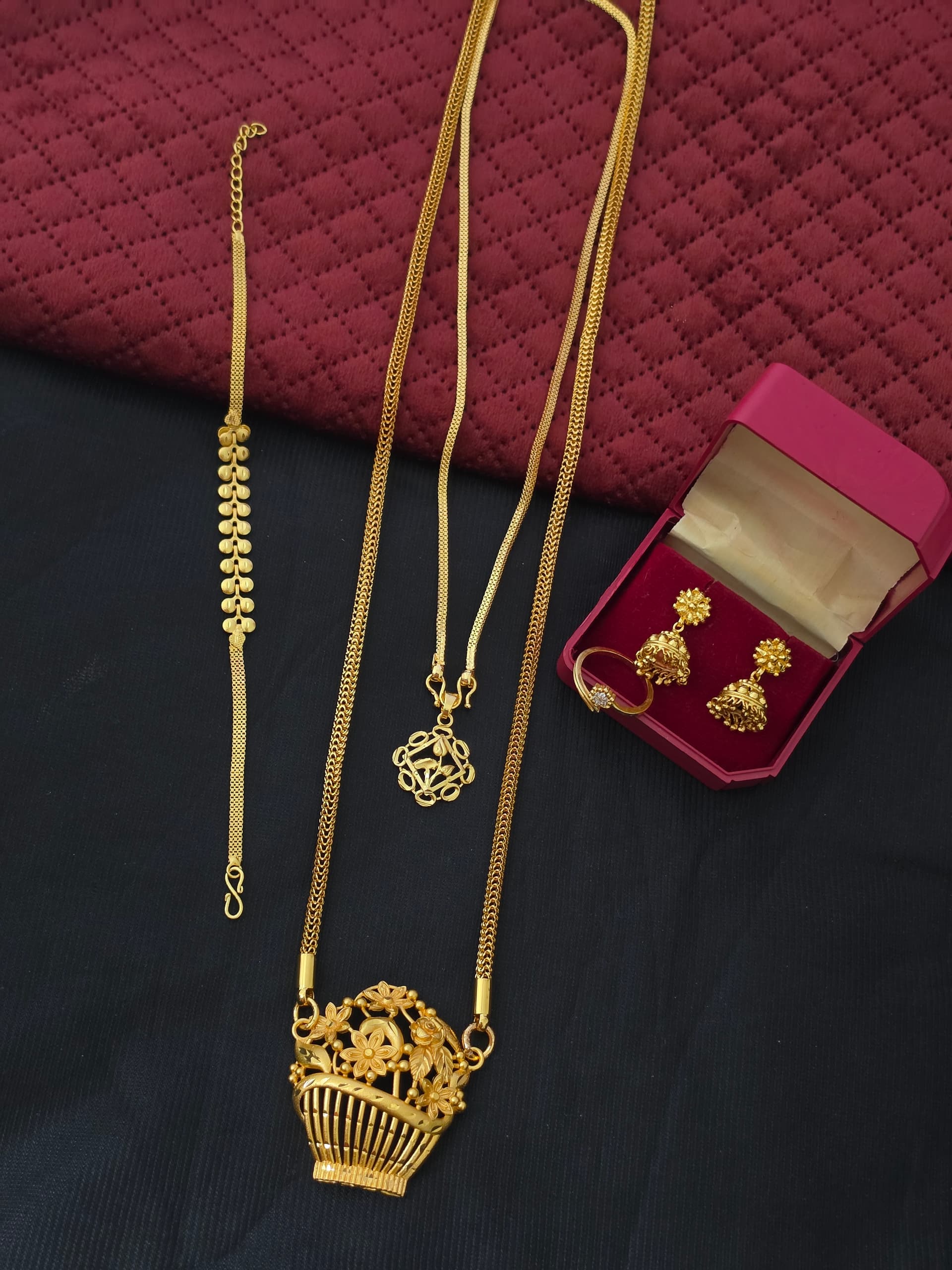 Premium foaming flower budget combo with 24 inch dollar chain, 18 inch dollar chain, bracelet, jhumka and ring