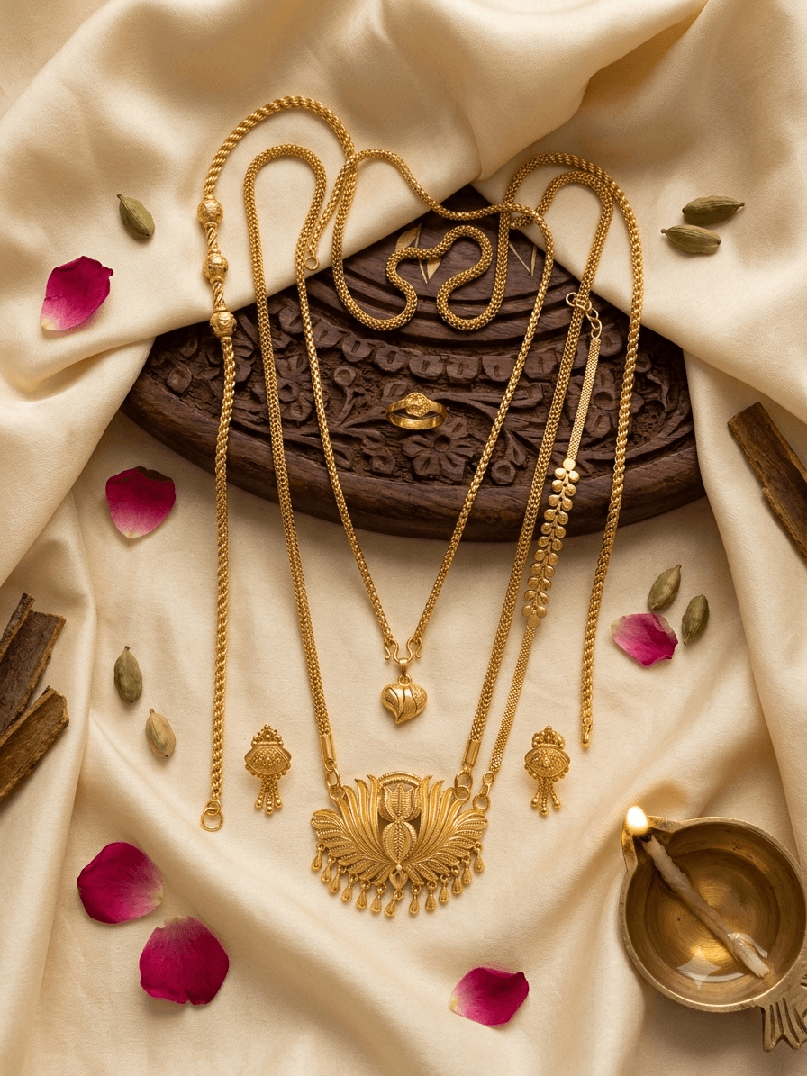 Premium foaming lotus combo with 24 inch dollar chain, 18 inch dollar chain, mugappu chain, bracelet, earing and ring