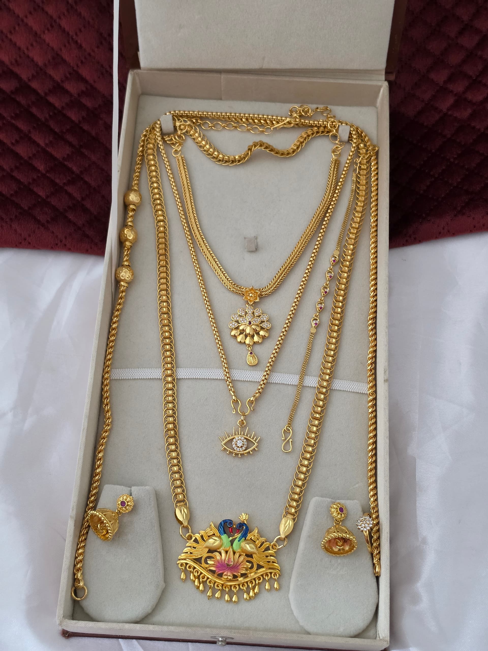 Premium foaming enamel peacock combo with 24 inch dollar chain, 18 inch dollar chain, foaming ad necklace, mugappu chain, bracelet, jhumka and ring