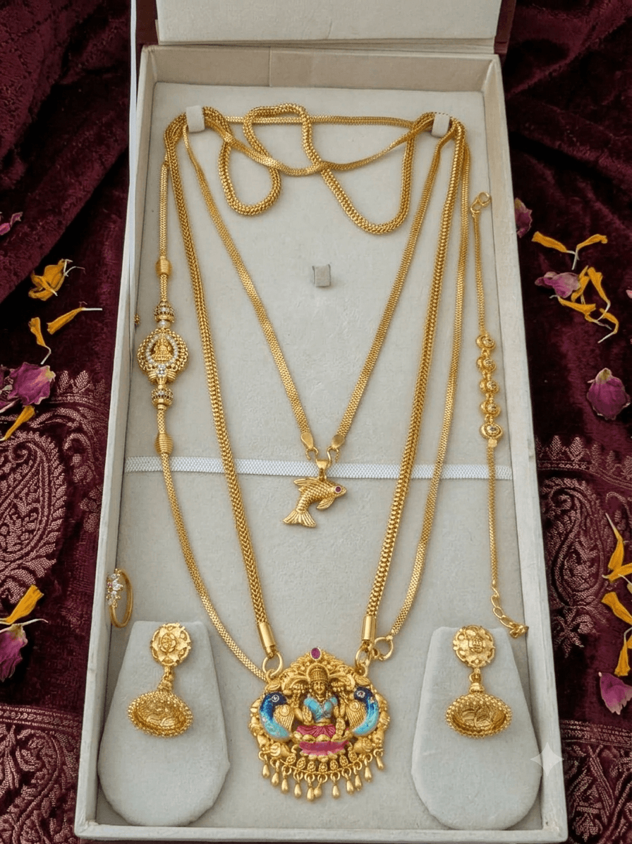 Premium foaming enamel lakshmi combo with 24 inch dollar chain, 18 inch dollar chain, mugappu chain, bracelet, jhumka and ring