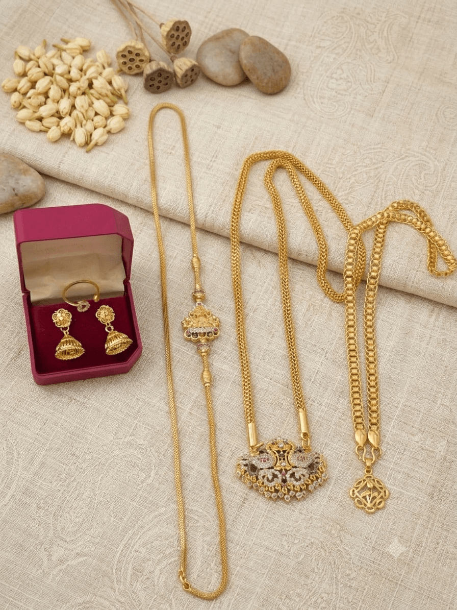 premium foaming ad stone peacock combo with 24 inch dollar chain, 18 inch dollar chain, mugappu chain, jhumka and ring