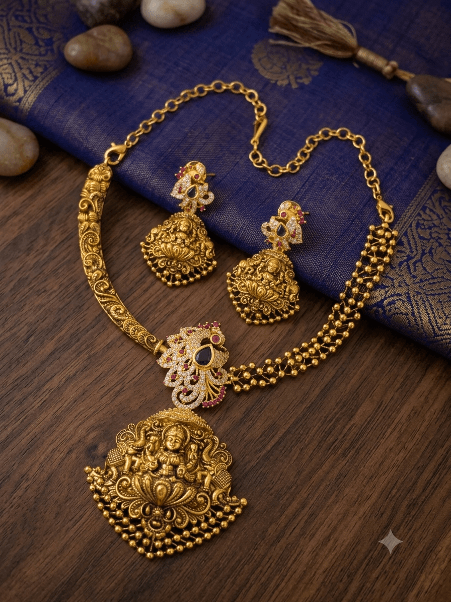 Premium matt ad stone lakshmi necklace with earings