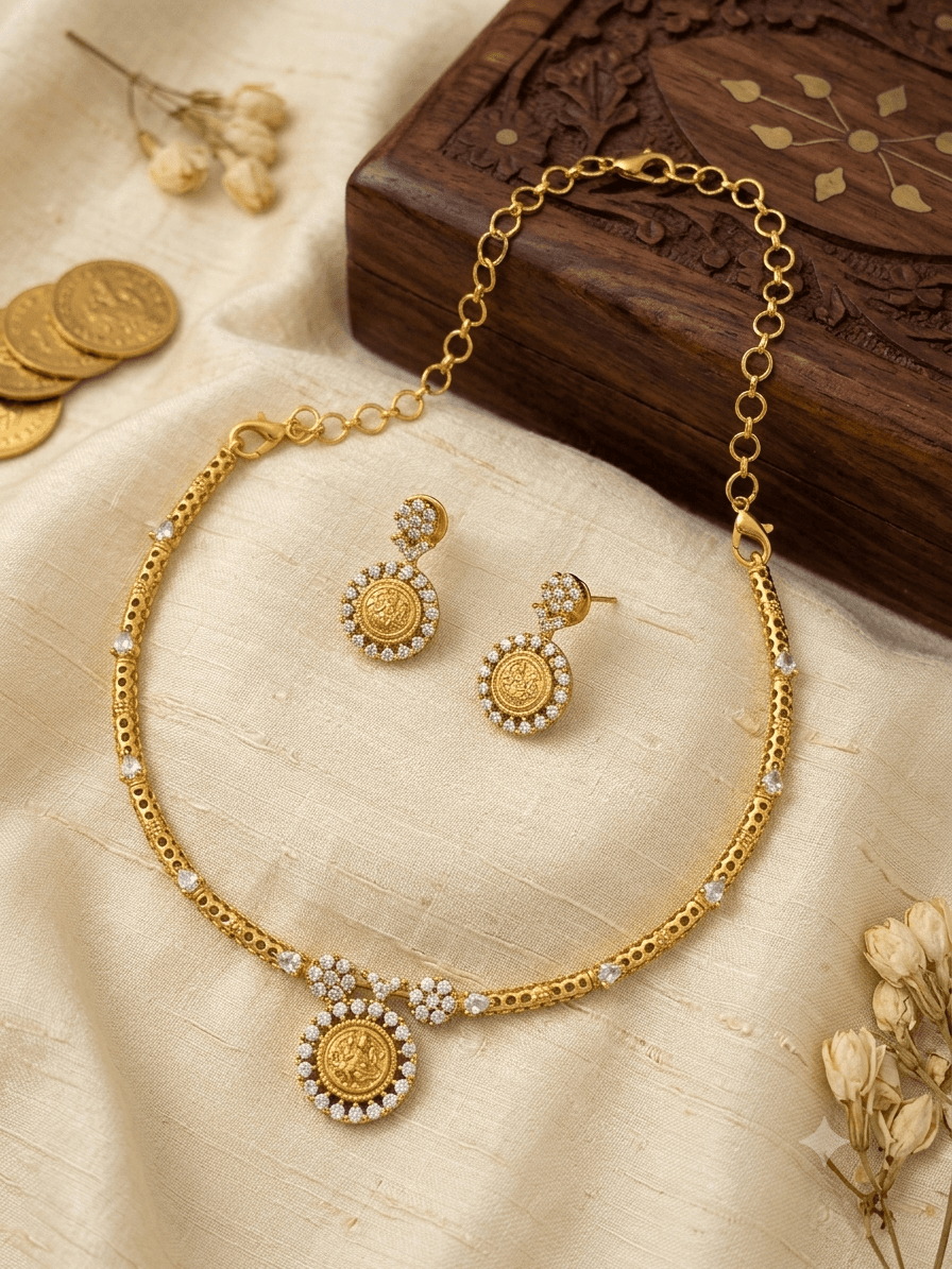 Premium matt ad stone lakshmi guntan necklace with earings