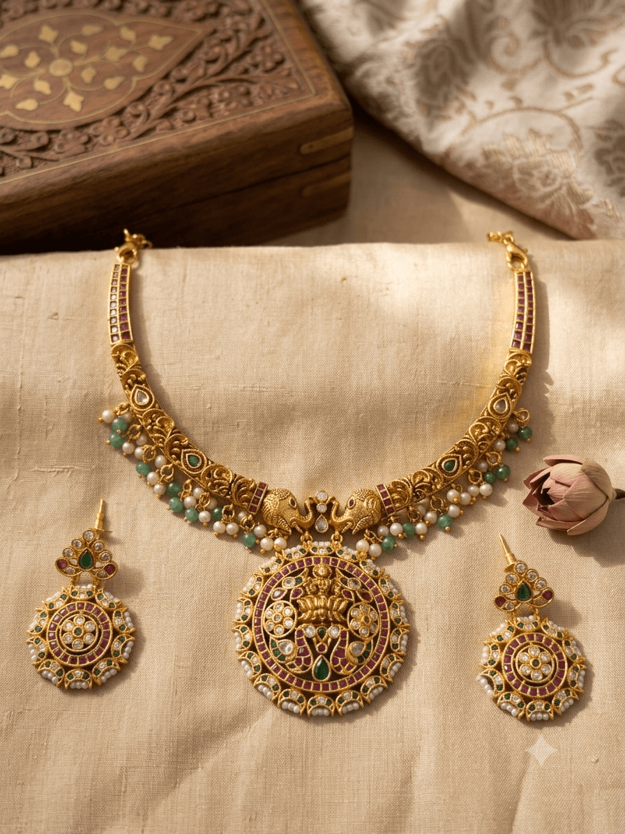 Premium matt traditional kemp nakshi guntan necklace with earings